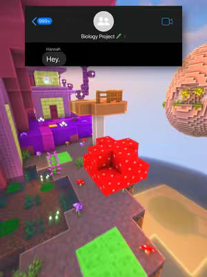 The cover shows a scene from a Minecraft-style game. A text message conversation is overlaid at the top of the screen. The game scene depicts a stylized, blocky environment with a central structure and floating elements. The color palette is dominated by vibrant colors like purple, red, and green.
