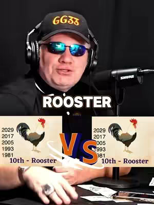 A man wearing sunglasses, a black cap with "GG33" on it, and headphones is speaking into a microphone. The word ROOSTER is overlaid in a bold white font with a black border. Below this text, there are two panels. The panels show an image of a rooster and list years. The panels are separated by a "VS" graphic.
