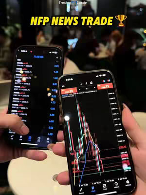 Two smartphones are held up in the foreground, displaying complex financial charts and data, against a blurred background of a social setting. The phone screens dominate the visuals, with the hands and the surrounding environment softly out of focus. Overlay text at the top of the frame complements the graphical interface.