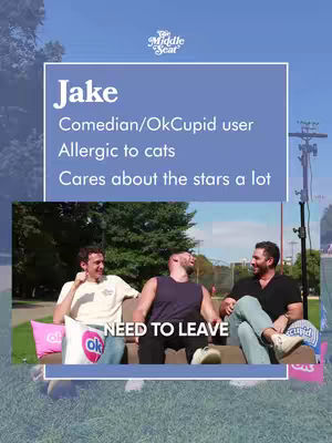 Three men are sitting on a couch outside with a blue sky in the background. Text overlays indicate a podcast theme and the subject's OkCupid profile and astrology interests.