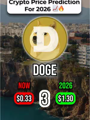 The cover image is a digital design featuring a gold coin with a doge meme face prominently displayed. Above the coin, text reads 'Crypto Price Prediction For 2026,' with a graphic of an upward trending arrow and a flame. Below the coin, the word 'DOGE' is written in a bold, stylized font. The image also includes a 'NOW' section showing '$0.33', and a '2026' section displaying '$1.30', suggesting a price prediction. The background subtly presents a landscape.