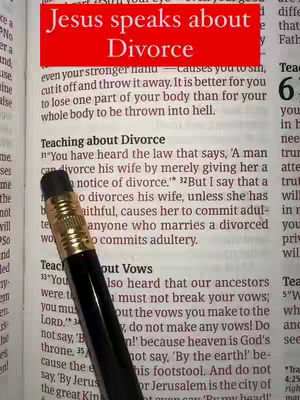 The image displays an open book with text from the Bible. A pencil is placed diagonally across the page. The title "Jesus speaks about Divorce" is overlaid in a red rectangle. The text is in black, the background is light.