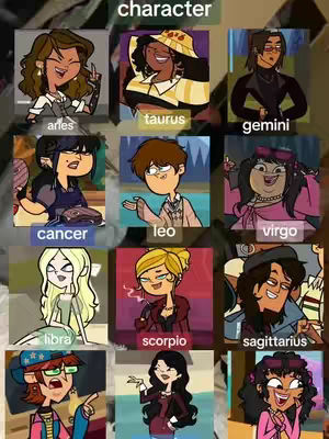 The image is a grid of cartoon characters from Total Drama. Each character is displayed in a square, with a zodiac sign underneath their image. The layout is designed to associate each character with a specific astrological sign.