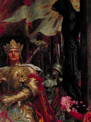 The image is a painting depicting a scene with two central figures, one is a kingly figure, clad in golden armor and a jeweled crown, gazing upward with a contemplative expression. The other is in the shadows, silhouetted against a bright light, wearing a crown of thorns and appearing to be crucified. The color palette is dominated by rich reds, golds, and deep shadows.