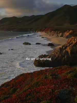 A scenic landscape featuring a coastline with a beach, ocean, and mountains under a moody sky. The foreground shows red and green vegetation. The image has subdued lighting, suggesting either early morning or late afternoon.