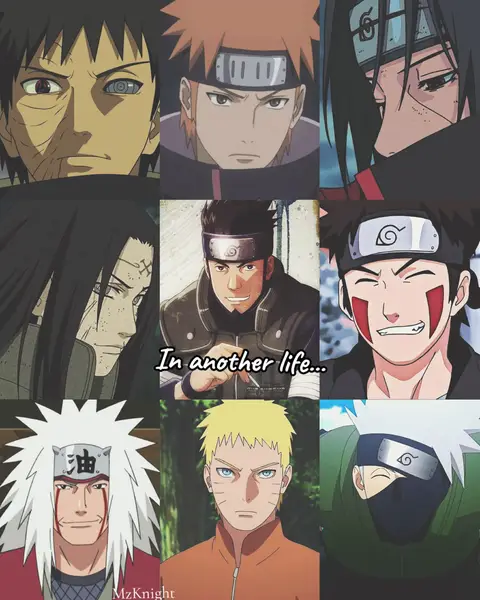 A grid of nine panels, each featuring a different character from the anime series Naruto, including Naruto, Kakashi, and others; the central panel has overlaid text.