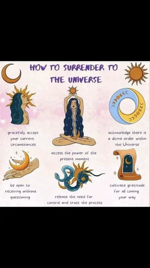 The image is a colorful infographic against a soft, watercolor-like background. At the top, bold purple text reads "HOW TO SURRENDER TO THE UNIVERSE". Below this, six illustrated panels are arranged to explore techniques for connecting with the universe. Each panel features a different illustration, accompanied by short descriptions in a sans-serif font. Imagery includes a sun and moon, a person in a meditative pose, hands with celestial objects, and a scroll.