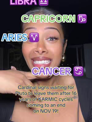 A woman with dark hair and makeup smiles at the camera, with astrology signs overlaid on her face and text below indicating key dates and astrological events for signs.