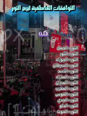 The image depicts a scene with prominent billboards and signs typical of a cityscape, illuminated with a blue-toned filter throughout. The composition is layered with vertical lists and superimposed text in the right-hand portion. The text features lists of zodiac signs and astrological information.