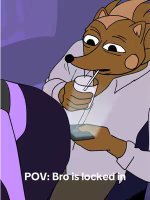 An animated illustration showing a cartoon character, resembling a fox, holding a drink and gazing at a phone. The character is wearing a white shirt and the background is a blurred purple. The image is overlaid with white text at the bottom.
