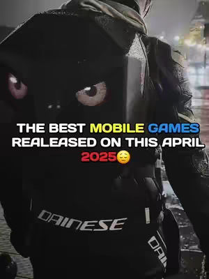 The cover image features a person from the back wearing a black jacket with the word 'Dainese' visible, likely made of leather, with text overlayed informing about mobile games released in April 2025. The background seems blurred, perhaps suggesting a city setting or an indoor environment.
