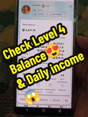 The cover image shows a smartphone screen capturing a mobile app interface. The screen is divided into sections displaying numerical data, likely related to finance or gaming. Prominently overlaid are text elements in yellow, including phrases like 'Check Level 4', 'Balance', and 'Daily Income', and two emojis highlighting the main points being presented. The layout utilizes a vertical orientation and uses a color scheme of dark and light grays.