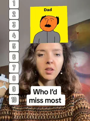 The image is a selfie-style shot with text overlays. In the foreground is a woman with brown, wavy hair, looking directly at the camera with a neutral expression. Her outfit consists of a brown patterned sweater. The background includes a list of numbers from 1 to 10 on the left side and a brightly colored drawing on top of the woman's head. The drawing shows a cartoonish dad figure on a yellow background. Overlayed on the bottom is the text, 'Who I'd miss most,' in a white box.