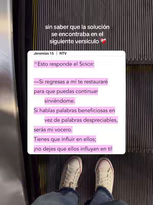 A person's feet in white sneakers are standing on an escalator. In the background on the left side there is a white rectangular card with text that includes bible verses. The background is grey.