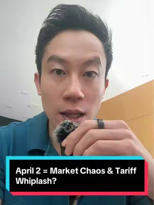 A man in a blue shirt is holding a microphone, with a black text box at the bottom that reads \"April 2 = Market Chaos & Tariff Whiplash?\". The background is a mix of white and tan.