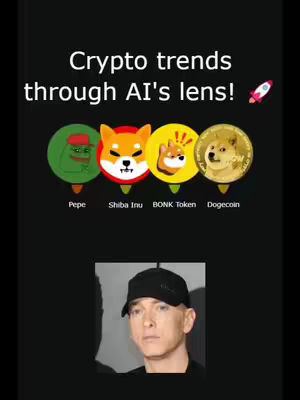 The cover image features a black background with the text "Crypto trends through AI's lens!" at the top. Below this, there are four circular logos representing different cryptocurrencies: Pepe, Shiba Inu, BONK Token, and Dogecoin. Underneath the logos there's a photo of a man wearing a black hat.