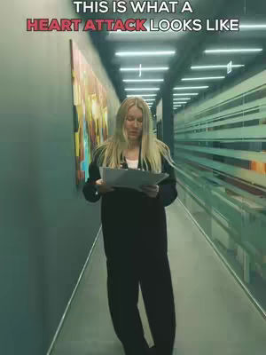 A woman with long blonde hair walks down a brightly lit hallway holding papers. The hallway has glass walls on one side and art on the other.
