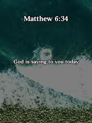 A serene image of an ocean scene with text overlays. The water dominates the frame, with waves crashing onto a rocky shore. The colors are a mix of blues and greens, complemented by white foam from the waves. Two text blocks hover over the water, one at the top with a Bible verse reference, and another lower down with an inspirational message.