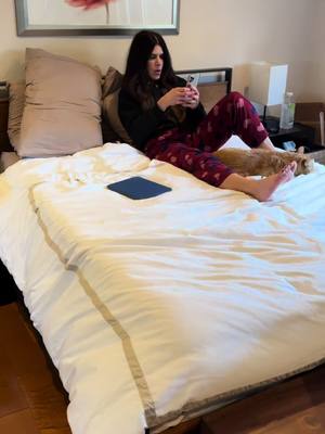 A woman is sitting on a bed in a bedroom, looking at her phone. She is wearing a black top and patterned burgundy pants. A cat is lying at her feet. There is a blue tablet on the bed near her, and a large painting on the wall in the background