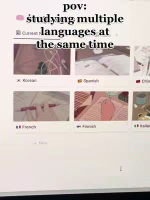 The cover image shows a computer screen displaying a Notion page with several language-learning related images. There is a text overlay at the top that says "pov: studying multiple languages at the same time."