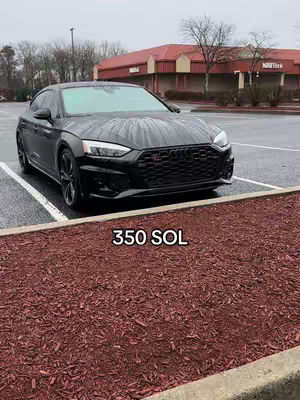 A black Audi parked in a parking space, with red mulch beds in the foreground and a commercial building in the background. The foreground features text in white overlay.