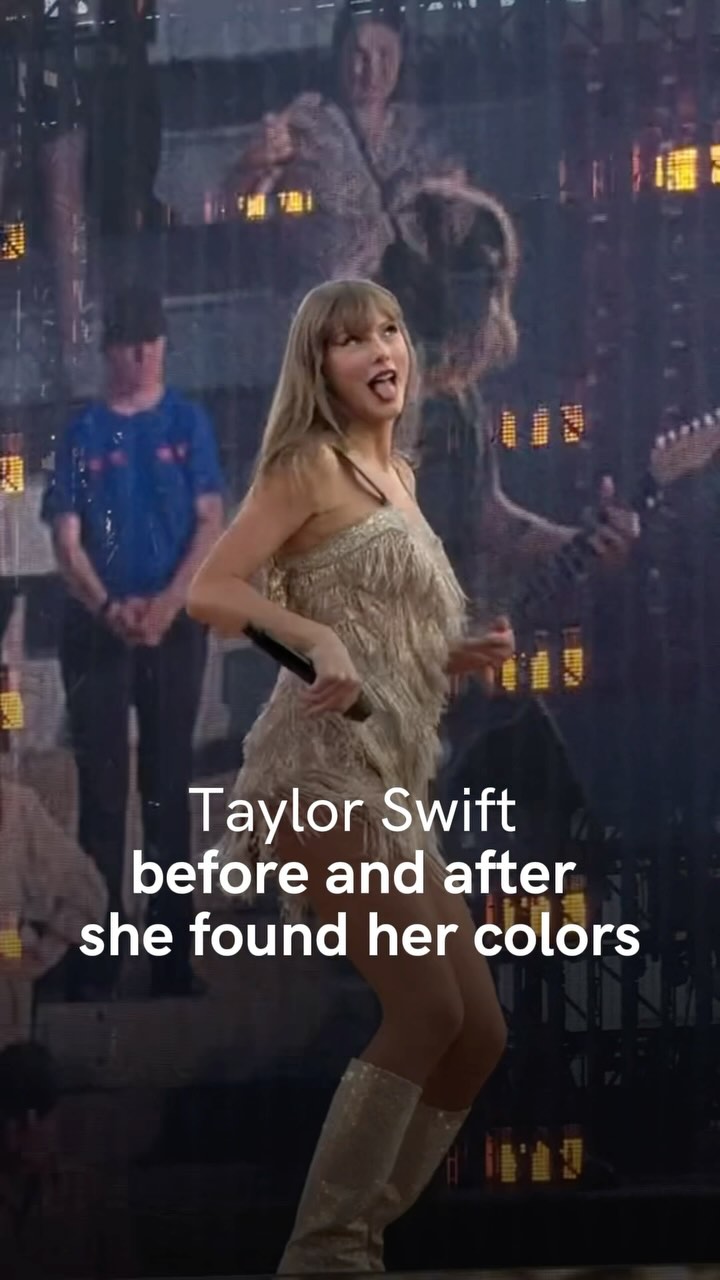 The image shows Taylor Swift on stage performing, the background is blurred with stage lights. She is wearing a gold fringe dress and shining boots, a microphone in hand. Black text overlay at the bottom reads 'Taylor Swift before and after she found her colors'.