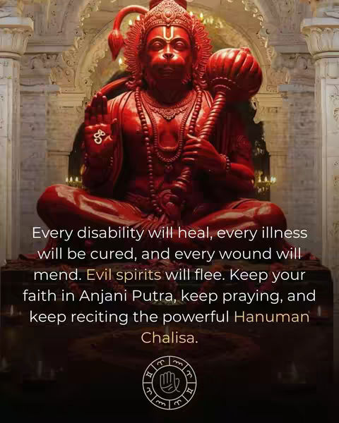 A red statue of Hanuman, a Hindu deity, holding a gada. Text is overlaid on the image with a message.