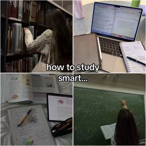 A collage featuring four images related to studying and learning. The top left shows a person reaching for a book in a library. The top right shows a laptop with a tablet and notebook. The bottom left shows an open textbook, notebook, and tablet. The bottom right features a person writing on a chalkboard. Overlayed text reads, "how to study smart...".