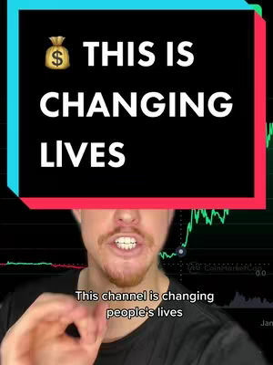 A man in a black shirt speaks to the camera with a black background, with the words "THIS IS CHANGING LIVES" overlayed in white, and a money bag icon. A graph of financial data is visible in the background.