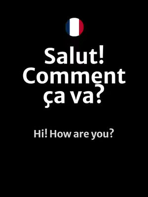A black background with the French flag icon at the top. In large, white text are the French phrases 'Salut! Comment ça va?' followed by the English translation 'Hi! How are you?'