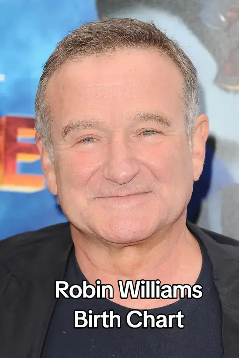 The cover image shows a medium shot of Robin Williams, looking towards the camera with a slight smile. The background appears to be blurred, with tones that include blue and orange. The text overlayed on the image reads "Robin Williams Birth Chart"