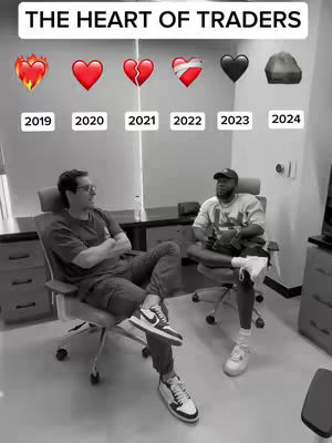 A grayscale image shows two men in an office setting. One man sits casually in a chair with his legs crossed, the other is in a chair looking to his left. Above the men is the text "THE HEART OF TRADERS" along with a series of emojis (flame heart, red heart, broken heart, bandaged heart, black heart, and a rock). There are dates below each emoji. The office is simply furnished with a desk and filing cabinets, a computer is visible on the upper right corner.