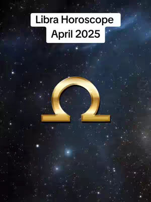 The cover image shows a golden Libra symbol against a dark, starry sky background. Above the symbol is a white rectangle with the text 'Libra Horoscope April 2025'. The image has a simple, yet elegant design, with a focus on the astrological theme.