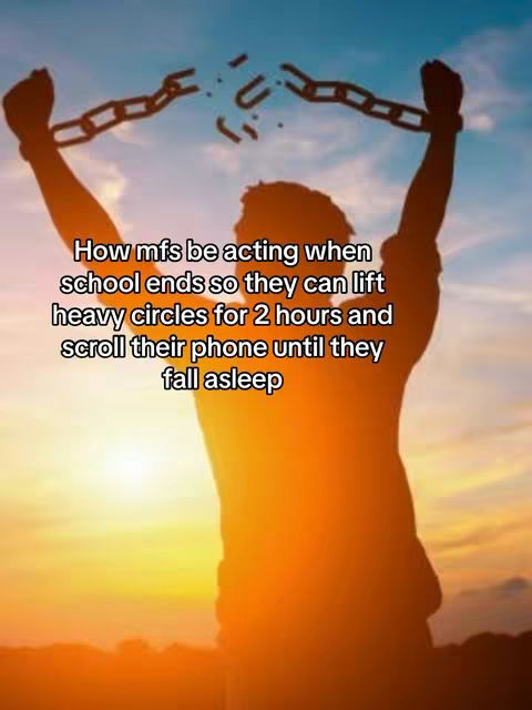 A silhouette of a person with arms raised high, breaking a chain, set against a vibrant orange and blue sunset. Text overlayed in white describes a humorous scene.