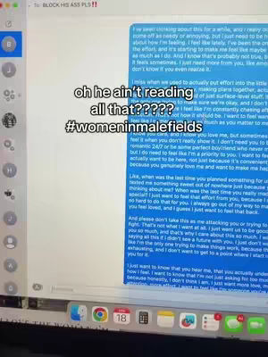 The cover image shows a laptop screen displaying a long text message conversation with blue text bubbles. Overlayed on the screen is text in a black font on white background. Below the text is the hashtag #womeninmalefields.