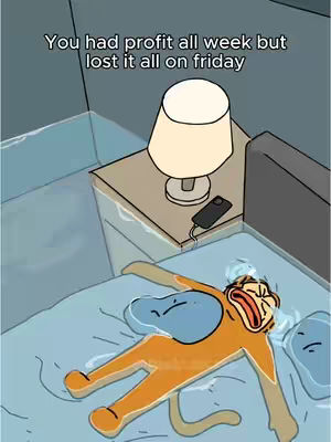 An animated image shows a monkey-like figure lying face down on a bed flooded with water. The figure has orange fur, a blue back, and a distressed expression. A nightstand with a lamp and a phone rests beside the bed. Text overlay reads "You had profit all week but lost it all on Friday".