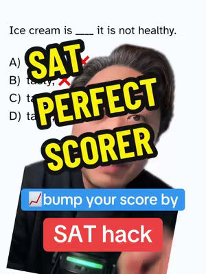 A selfie-style image featuring a man in front of an SAT exam question. Overlay text promotes an SAT grammar tip. The man has dark hair, brown eyes, and appears to be looking at the camera. The background shows an example SAT question on a whiteboard. The overall composition is designed to attract attention with bright colors and a focus on the key information.