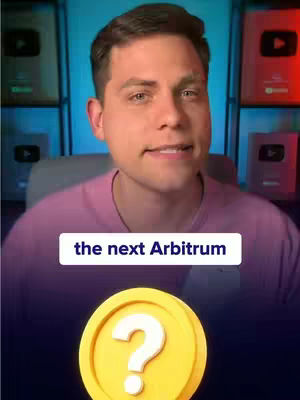 A man with brown hair smiles at the camera against a blurry backdrop. Below him are the words "the next Arbitrum" on a white banner, and underneath that is an animated yellow coin with a question mark.