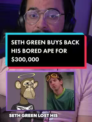The cover image features a man in glasses and a headset in the foreground, with a text overlay about Seth Green buying back his Bored Ape NFT. Below the text overlay, there's an image of the Bored Ape NFT and a photo of Seth Green. The overall composition has a modern, digital aesthetic.