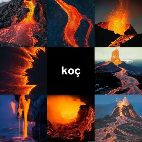 A collage of nine images depicting volcanic landscapes with orange and red lava flows. In the center, a black square features the white word 'koç' (Aries).