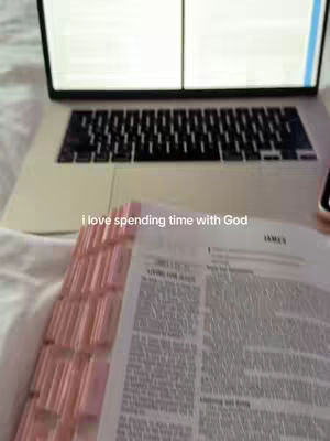 The cover image shows a laptop and a bible on what appears to be a bed. The bible is opened with many pink sticky note page markers. The laptop screen is visible, but the contents cannot be determined.