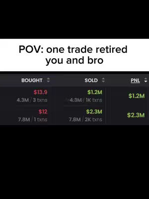 The image is a screenshot of a trading platform interface. The background is black, and the interface elements have a dark theme. At the top, there's white text that reads, 'POV: one trade retired you and bro.' Below this, the trading data is presented in a table-like format. The table has columns for BUY and SELL, showing amounts such as '$13.9' and '$12' under BUY, and '$1.2M' and '$2.3M' under SELL. The PNL (Profit and Loss) column also displays numbers in green which likely indicate profit. The overall composition is functional, focusing on clear presentation of financial data.