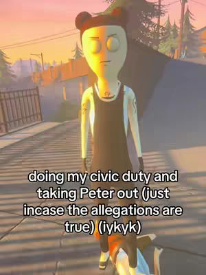 A 3D animated character, in a dark sleeveless jumper over a white long-sleeved shirt, stands on a sidewalk, with a person on the ground below them. The background features a road, buildings and trees, with an orange sunset sky.