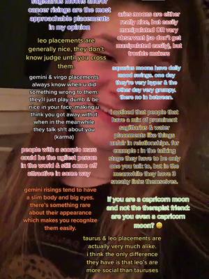 A young woman with long brown hair is smiling, with overlaid text of astrological insights. The background is softly lit, suggesting a casual setting.