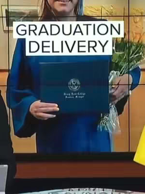 A person in a graduation gown is holding a diploma in one hand and a bouquet of flowers in the other, presented against a blurred background. Overlayed text announces the 'GRADUATION DELIVERY'.