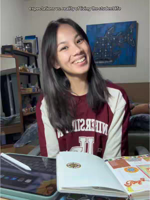 A young woman with long dark hair smiles at the camera, wearing a maroon and white sweatshirt. She sits in front of a desk with an open notebook and a tablet. Behind her is a cluttered room with a blue painting on the wall and a bookshelf.