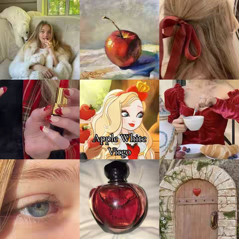 A collage of images featuring a young woman, a red apple, a hairstyle with a red ribbon, a hand with red nail polish holding a lipstick, a cartoon character, a woman holding a cup, an eye with blue eyeshadow, a perfume bottle, and a wooden door with a heart.