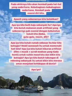 The cover image displays a scenic view with blue skies, water, islands or mountains, and boats. Above the landscape, multiple text boxes convey philosophical questions in white font on a pink background.