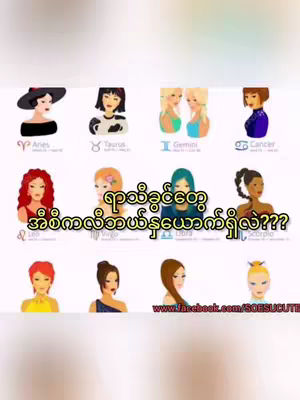 The cover image is a collage featuring illustrations of zodiac signs. At the top are stylized drawings of women representing Aries, Taurus, and Gemini. Below are images of Leo, Virgo, Libra, and Scorpio, all depicting female figures. The question in the center is in Burmese. The arrangement is on a light background, with a website address at the bottom.