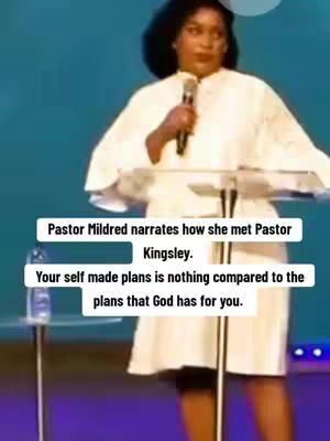 A woman, presumably a pastor, stands at a podium with a microphone in her hand. Text overlays highlight elements of the video's message. The background is a muted blue and a table supports the transparent podium.